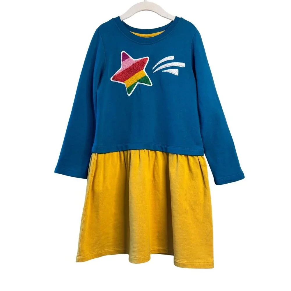 HANNA ANDERSSON Shooting Star Dress Girls 6-7 120 Rainbow Applique Blue Yellow - Picture 1 of 6